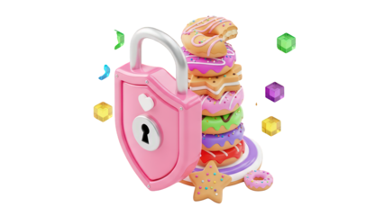Pink padlock open to reveal colorful donuts and treats floating freely