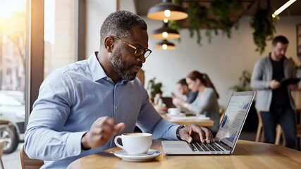 Business man working on laptop coffee shop cafe entrepreneur professional businessman finance data analytics stock video footage digital marketing online business success - Powered by Adobe