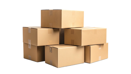 A stack of corrugated cardboard shipping boxes isolated against a black background