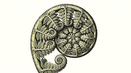 Vintage botanical illustration of a beautiful fern fiddlehead frond with intricate spiral pattern design.