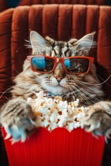 Cat wearing red sunglasses is enjoying popcorn from a bright red bucket while sitting comfortably in a plush chair, creating a fun and playful movie night atmosphere