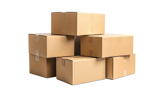 A stack of corrugated cardboard shipping boxes isolated against a black background - Powered by Adobe