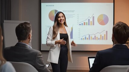 Business presentation woman presenting data analytics charts graphs financial report meeting teamwork success corporate training leadership skills growth strategy innovation