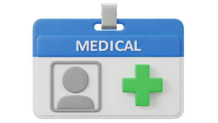 Medical ID badge with green cross on white and blue background