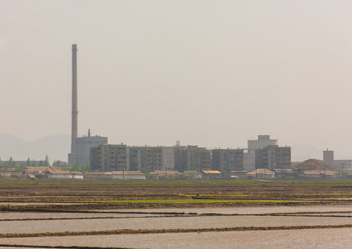 North Korean people working in a field in front of buildings and factories, Pyongan Province, Pyongyang, North Korea