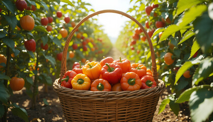 Vibrant basket filled with colorful bell peppers, surrounded by lush green plants in a sunlit vegetable garden, showcasing the beauty of fresh produce and agricultural abundance