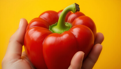 Vibrant red bell pepper held in a hand against a bright yellow background, showcasing its glossy texture and fresh appearance, ideal for culinary and health-related themes