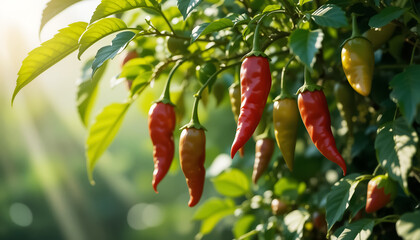 Vibrant red and yellow chili peppers hanging from lush green plant leaves, illuminated by soft sunlight, showcasing the beauty of fresh produce in a natural garden setting