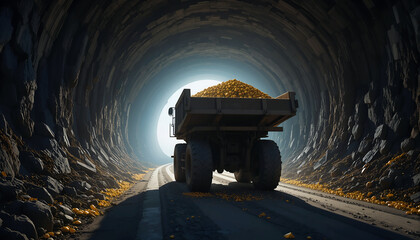 Heavy-duty mining truck loaded with gold ore is exiting a dark tunnel, illuminated by bright light at the end, showcasing the mining process and industrial machinery
