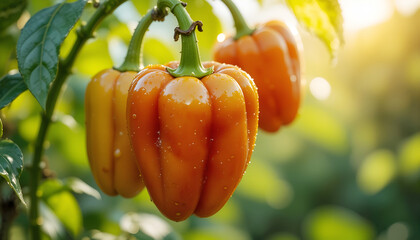 Vibrant orange bell peppers hanging on a lush green plant, glistening with dew in the warm sunlight, showcasing fresh produce in a natural garden setting
