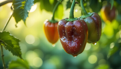 Fresh red and green bell peppers hanging on a plant, glistening with water droplets, surrounded by lush green foliage and soft sunlight creating a vibrant garden atmosphere