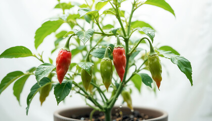 Vibrant chili pepper plant with ripe red and green peppers growing in a pot, showcasing lush green leaves and healthy growth in a bright indoor setting