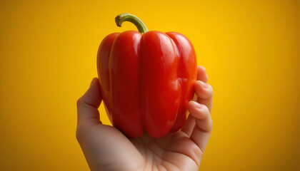 Bright red bell pepper held in a hand against a vibrant yellow background, showcasing fresh produce and healthy eating concepts in a visually appealing manner