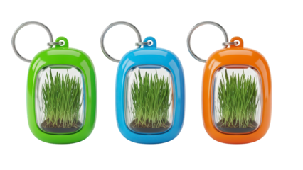 Colorful keychain terrariums with green grass inside