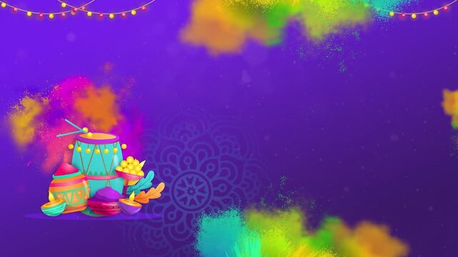 Holi Celebration with Dhol, Colorful Powders, and Festive Lights Motion background video