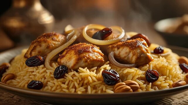Rich and aromatic pilaf with grilled chicken raisins almonds and steaming saffron rice on a dark plate