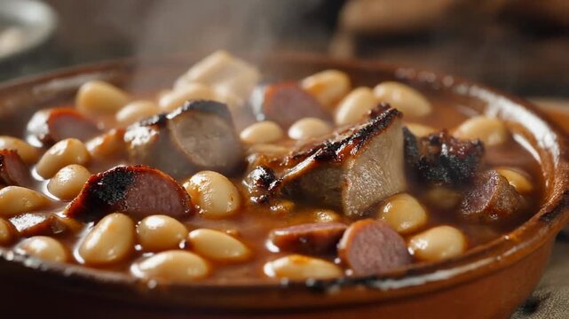 Hearty homemade white bean and smoked sausage stew steaming in a rustic bowl