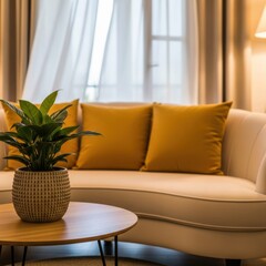 Cozy living room interior with a comfortable sofa, decorative pillows, and a potted plant on a wooden coffee table