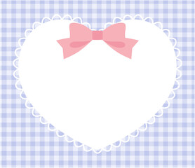 リボンがついたかわいいハートのレースフレームのベクターイラスト。ギンガムチェック