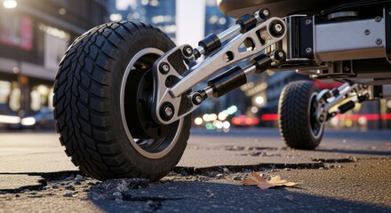 Fototapeta premium Closeup of robotic wheels and suspension system adapting to uneven pavements in a complex urban environment.