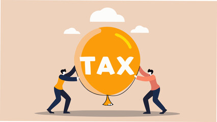 Two people struggling to hold up a large tax balloon