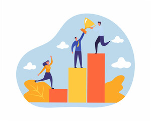 Business team celebrating success with trophy on colorful graph