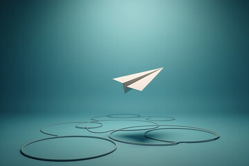 White paper airplane flying above circular path on blue background