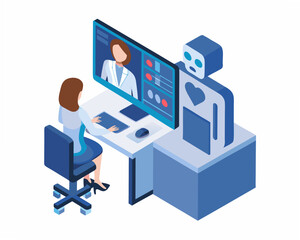 Businesswoman engaged in virtual consultation with robot assistant