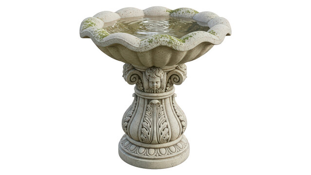 Ornate stone birdbath with water and moss on black background