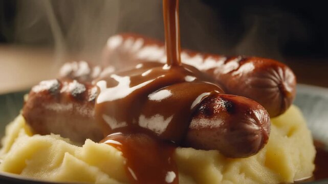Delicious bangers and mash with rich brown gravy being poured over grilled sausages and creamy mashed potatoes steaming hot and ready to eat