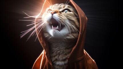 Feline character wearing a brown hooded cloak, gazing upwards with an intense expression, illuminated by dramatic lighting, creating a mystical and powerful atmosphere