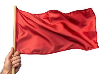 close-up of a hand holding a red flag, isolated on a transparent background 