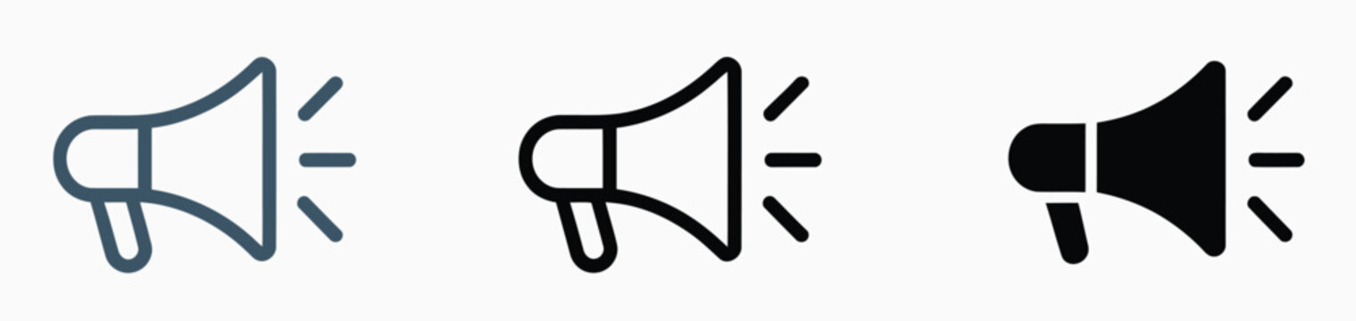 Megaphone icon set with loudspeaker symbols for announcements and notifications, modern communication and marketing icons in clean flat vector style for apps, websites, ui design and digital projects.