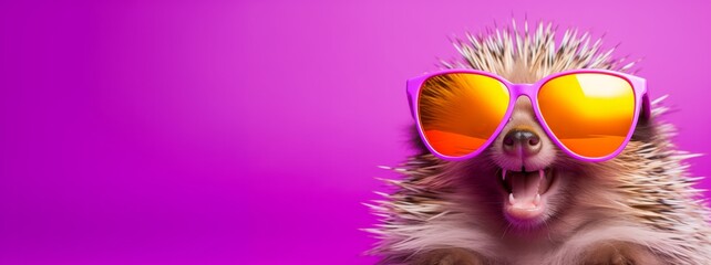 Adorable hedgehog wearing stylish pink sunglasses, smiling against a vibrant purple background, showcasing a playful and cheerful atmosphere in a whimsical setting