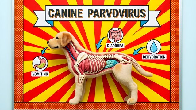 Canine parvovirus symptoms infographic showing dog vomiting diarrhea dehydration with dog disease and viral infection and animal health and veterinary medicine