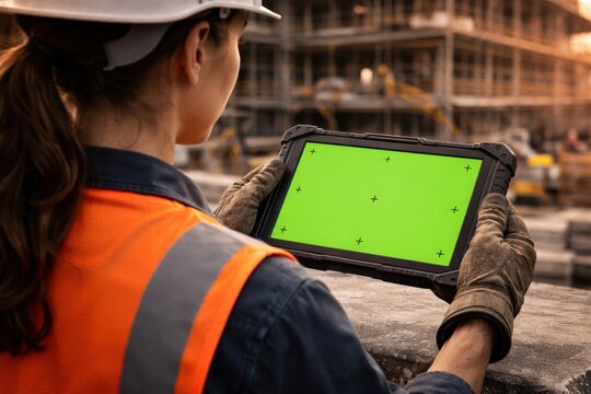 Dirty industrial tablet with chroma key green screen and tracking markers
