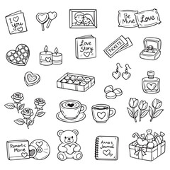  Romantic vector illustration showcasing various love-themed items like candles, hearts, rings, and flowers. Ideal for Valentine's Day designs and romantic projects.