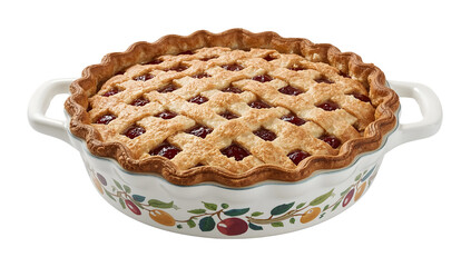 Goldenbrown lattice cherry pie in handpainted fruit motif ceramic dish for national pie day celebration