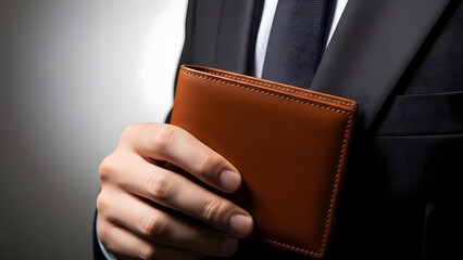 A close-up of a businessman holding a brown leather wallet