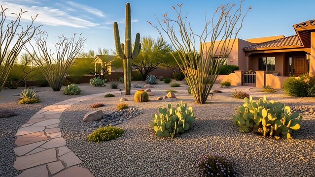 Desert xeriscape landscaping with saguaro cactus and pathway at golden hour. arizona front yard landscaping concept for desert home
