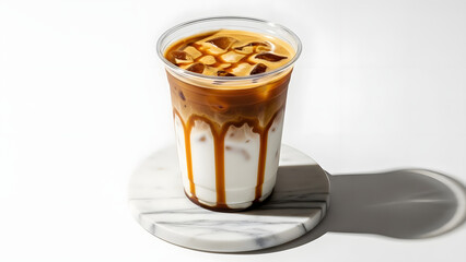 A glass of iced coffee with caramel syrup on a marble coaster