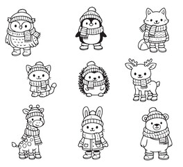 Cute Animals in Winter Wear Vector Illustration Set