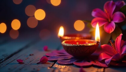 Close-up of lit diya, Diwali holiday backdrop , abstract, bright