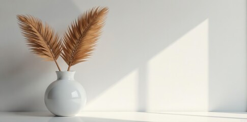 Crisp shadow of dried palm in clear vase against textured concrete Minimalist style , vase, copy space