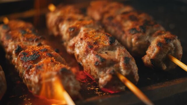 Appetizing kofta or kebab meat cooking on a bbq grill with intense heat and glowing embers