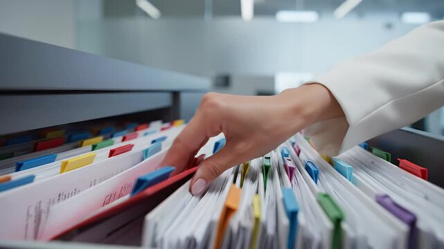 Filing Documents Office Records Management Archive Business Data Paperwork Legal Files Administration Record Keeping Organization Workflow Professional Stock Footage