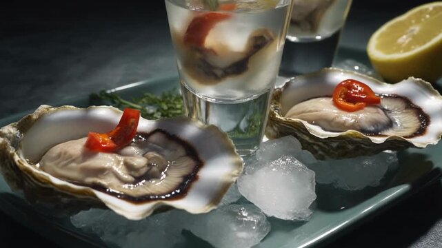 Gourmet raw oysters on ice with pepper garnish and oyster shooters served with lemon for a fine dining experience.