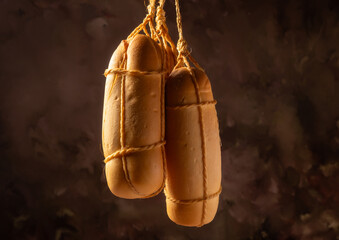 Provolone cheese, wonderful smoked provolone cheese, abstract background, selective focus.