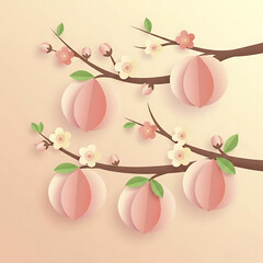 Adorable papercraft peaches hanging on branches with tiny peach flowers
Layered paper cut design, soft gradients, warm pastel colors
Sweet, cheerful atmosphere, minimal background, ultra cute style

