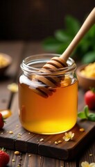 Sweet honey in glass jar with wooden dipper, rustic setting , dessert, organic
